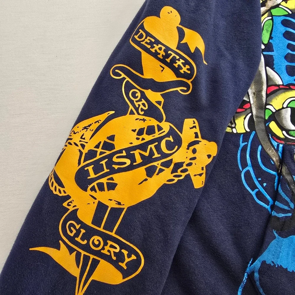 Ed Hardy Hoodie Mens XL Navy Blue Bulldog Panther USMC Tattoo Full Zip